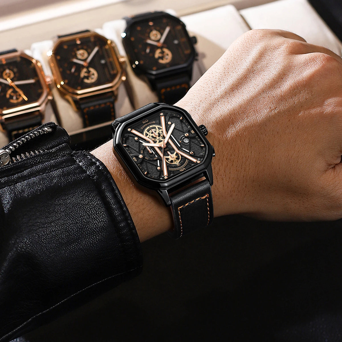 Poedagar 2023 Sport Chronograph Men Wristwatch Waterproof Leather Band Quartz Watch Luminous Calendar Watch for Men