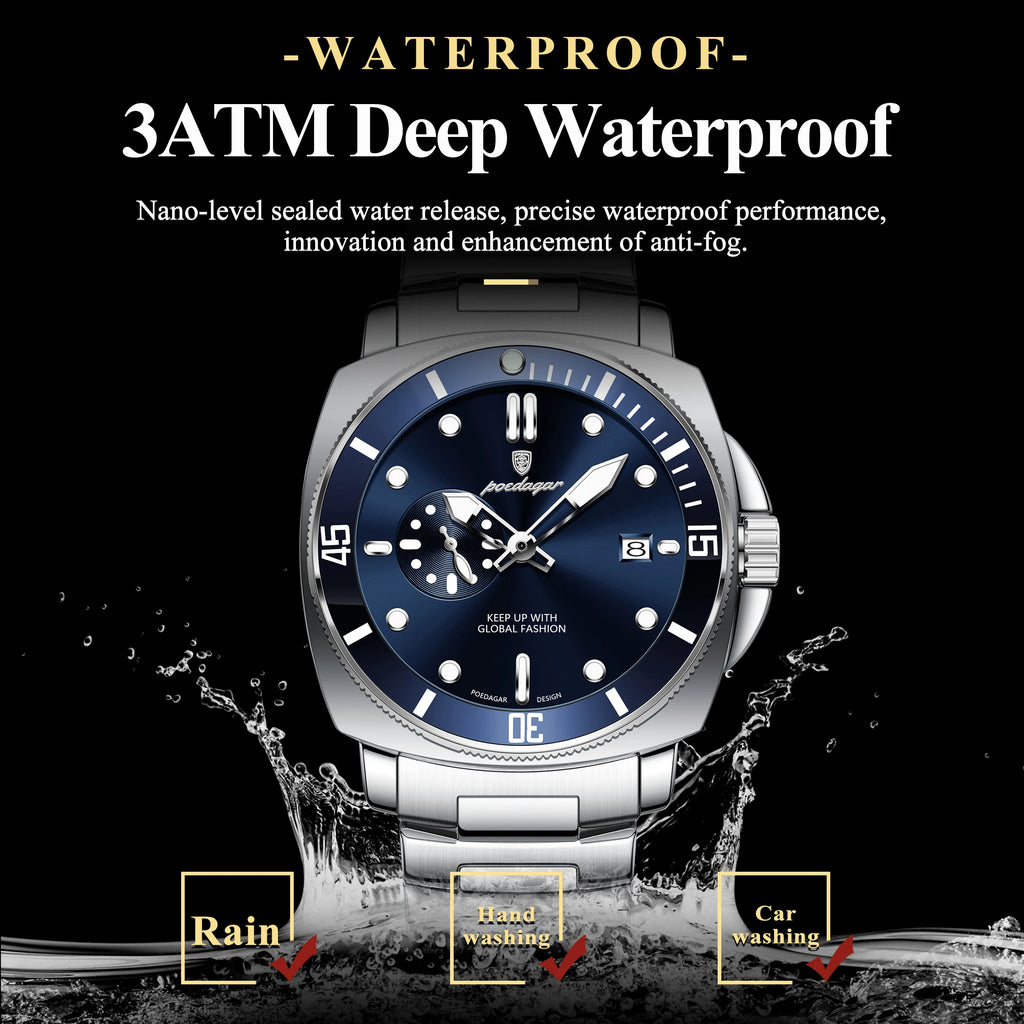 Poedagar 873 Luxury Mens Watch Waterproof Luminous Date Quartz Watch Stainless Steel Bracelet Watch for Men