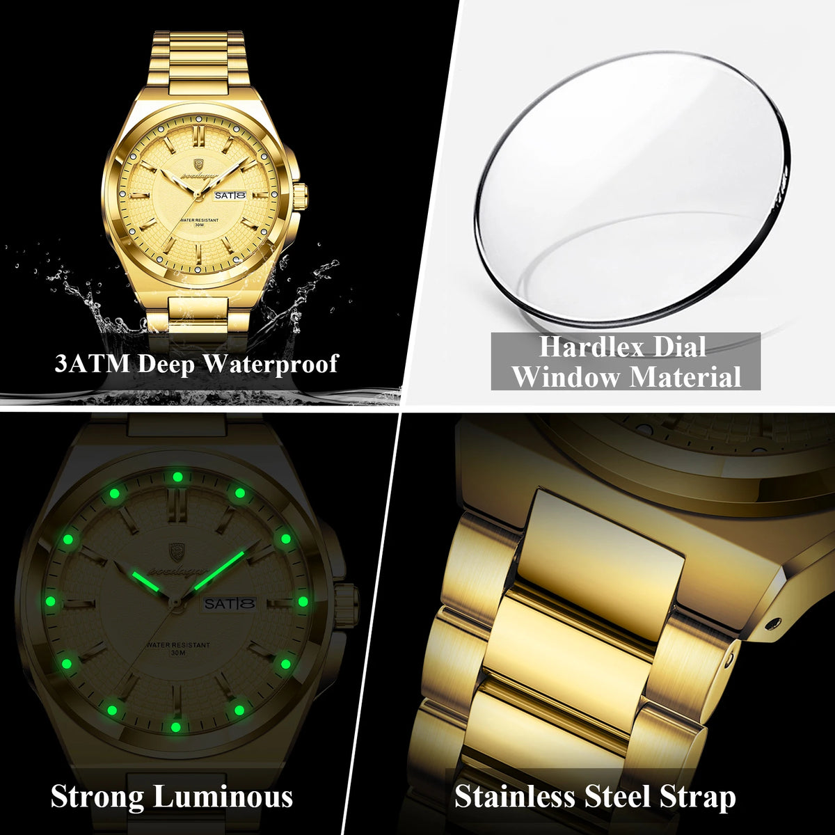 Poedagar 896 Luxury Mens Watch Full Gold Fashion Waterproof Luminous Stainless Steel Quartz Mens Gift Watch Montre Reloj Hombre