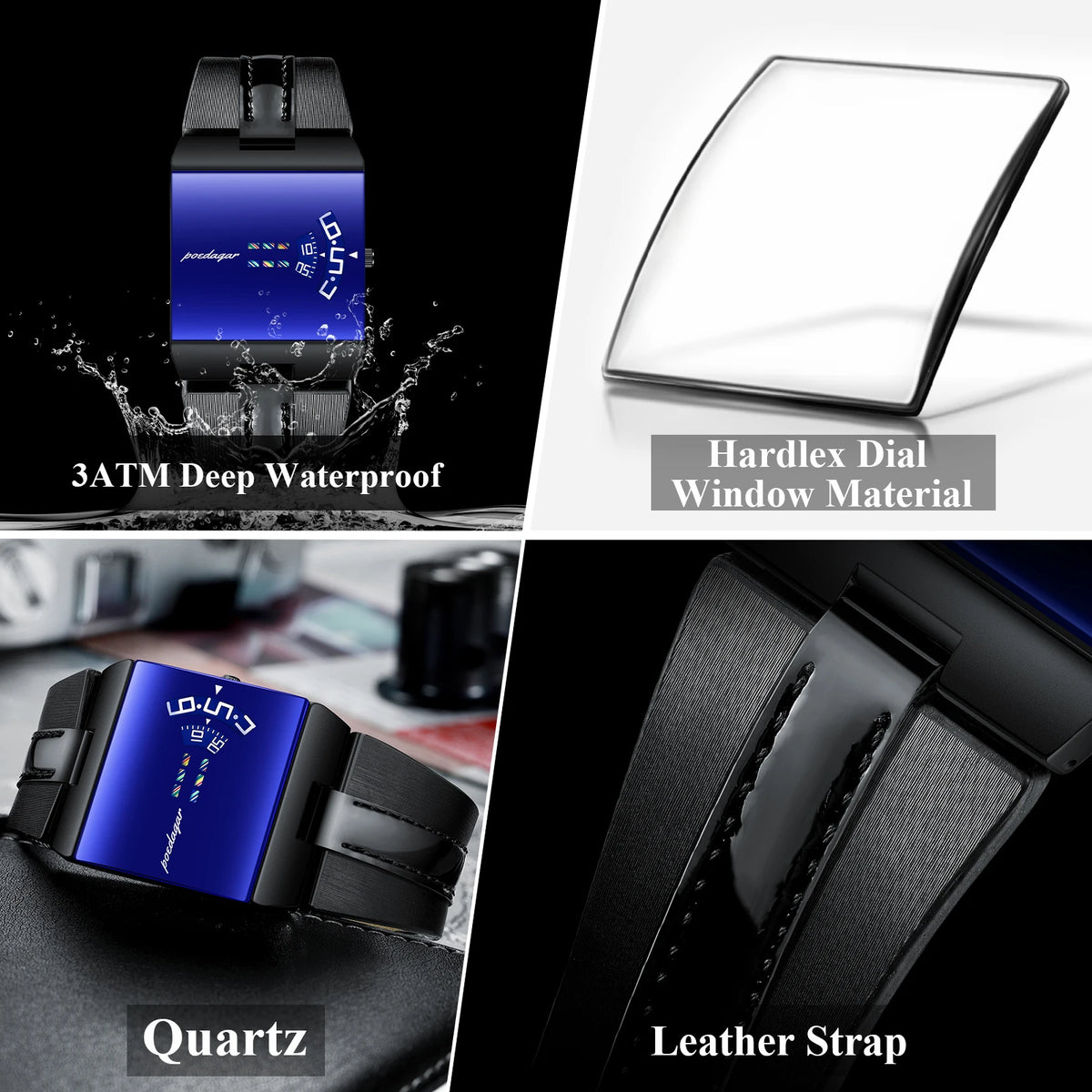 Poedagar 857 Luxury Mens Watch Leather Strap Blue Mirror Dial Waterproof Daily Wear Wristwatch Factory Direct Ready to Ship
