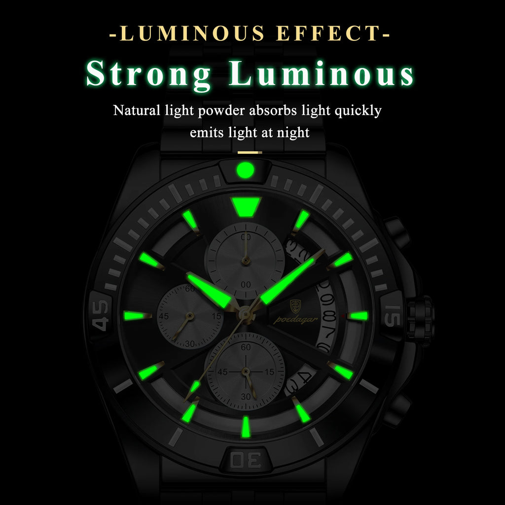 Poedagar 695 Men Quartz Watches Stainless Steel Daily Wear Outdoor Casual Luminous Chronograph Reloj Hombre