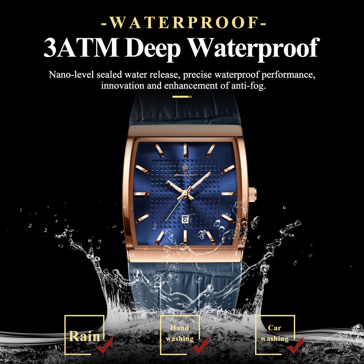 Poedagar 885 Men's Leather Quartz Watch Luminous Date Display Waterproof Luxury Fashion Watch Square Watch for Men
