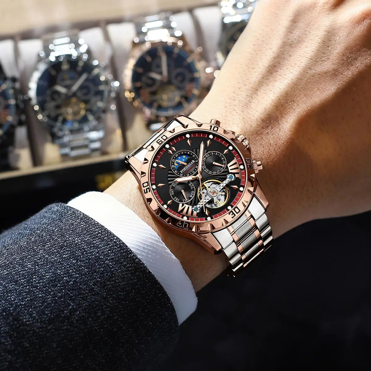 Poedagar 1410 Men's Luxury Hollow Tourbillon Automatic Men Watch Waterproof Luminous Stainless Steel Mechanical Watch