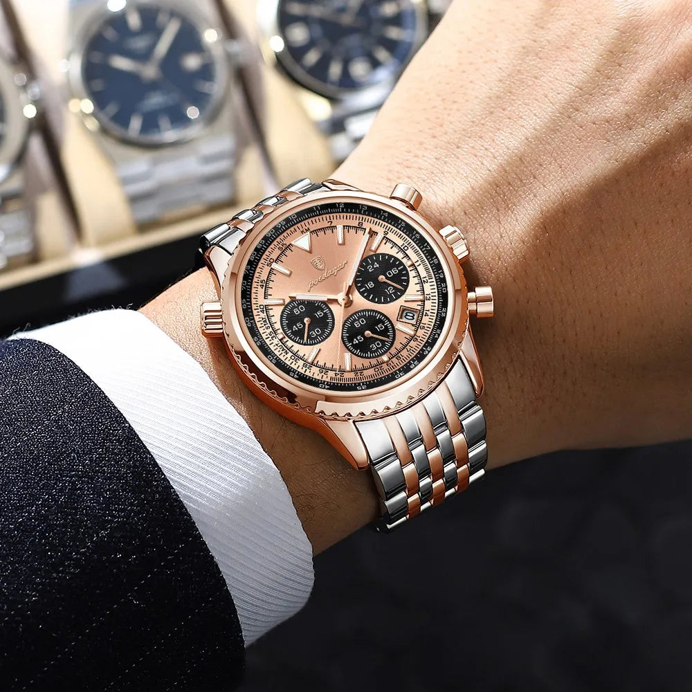 Poedagar 960 Luxury Business Men Watch Chronograph Stainless Steel Quartz Wristwatch Sport Fashion Waterproof Luminous Date