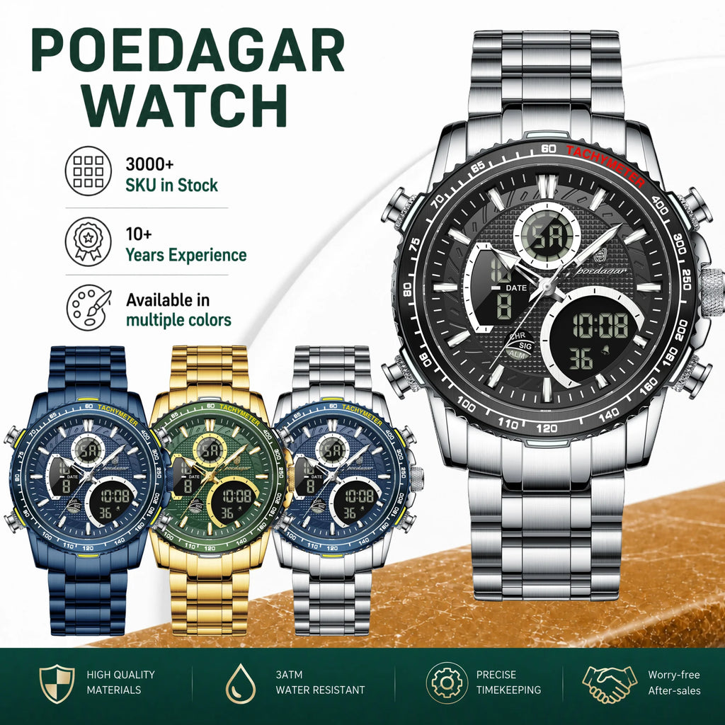 Poedagar E127 Men's Watch Sports Analog-Digital Waterproof Watch Dual Display Luminous Reloj Luxury Stainless Steel Quartz Watch
