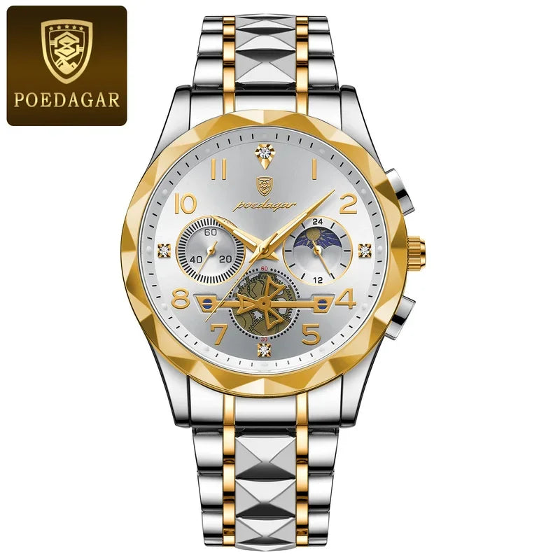 Poedagar 972 Fashion Luxury Chronograph Men Quartz Watches Waterproof Luminous Stainless Steel Watches for Men Factory Wholesale