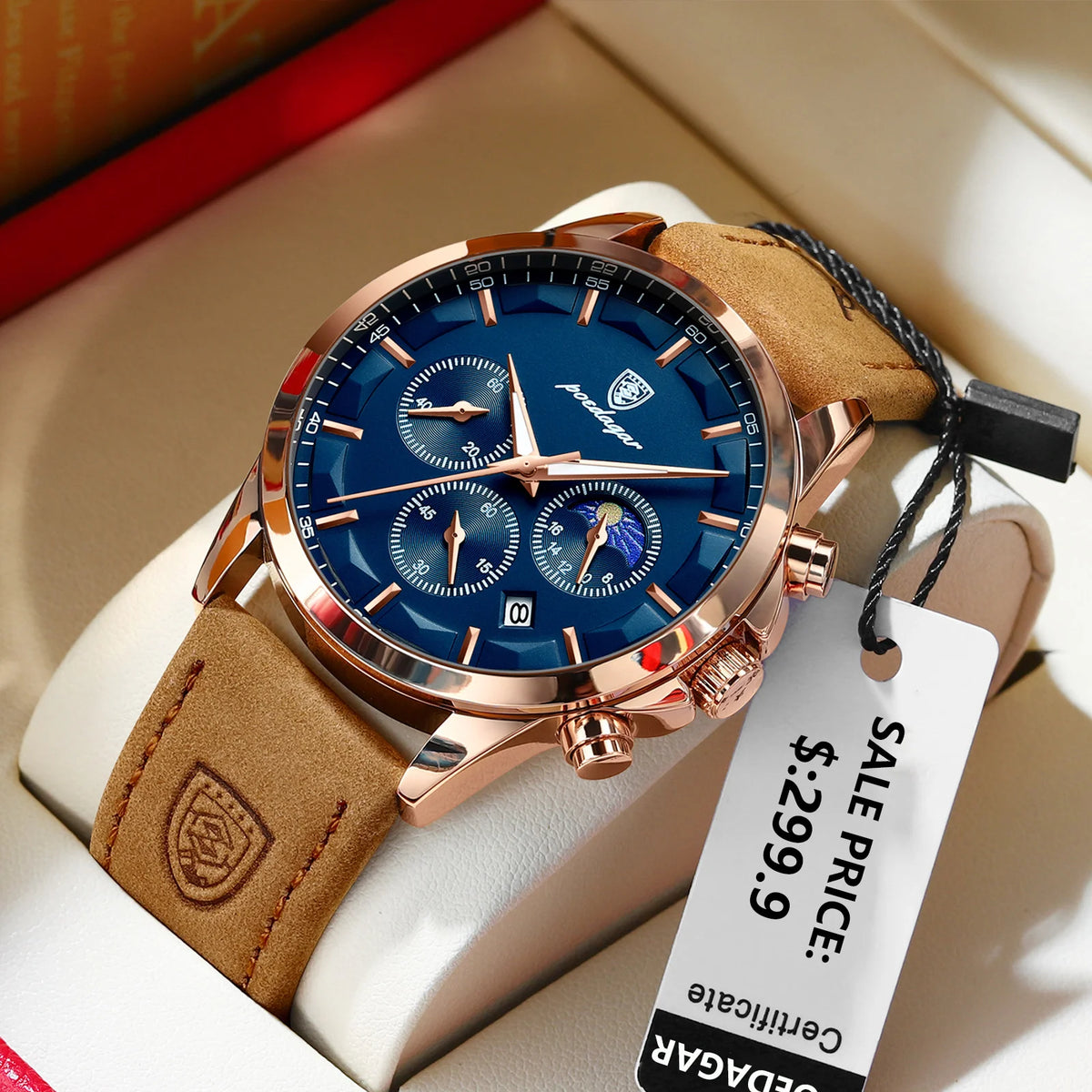 Poedagar Luxury Sports Leather Mens Watch Waterproof Luminous Quartz Watches Chronograph Watches for Men