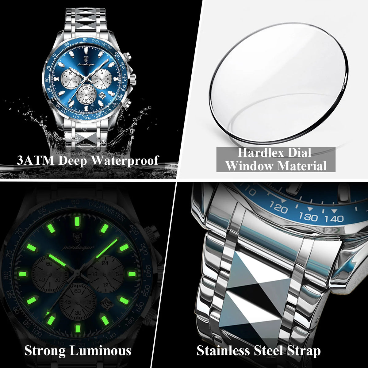 Poedagar 815 Luxury Men Watches Business Sport Tachymeter Chronograph Luminous Stainless Steel Quartz Wristwatch in Stock Reloj