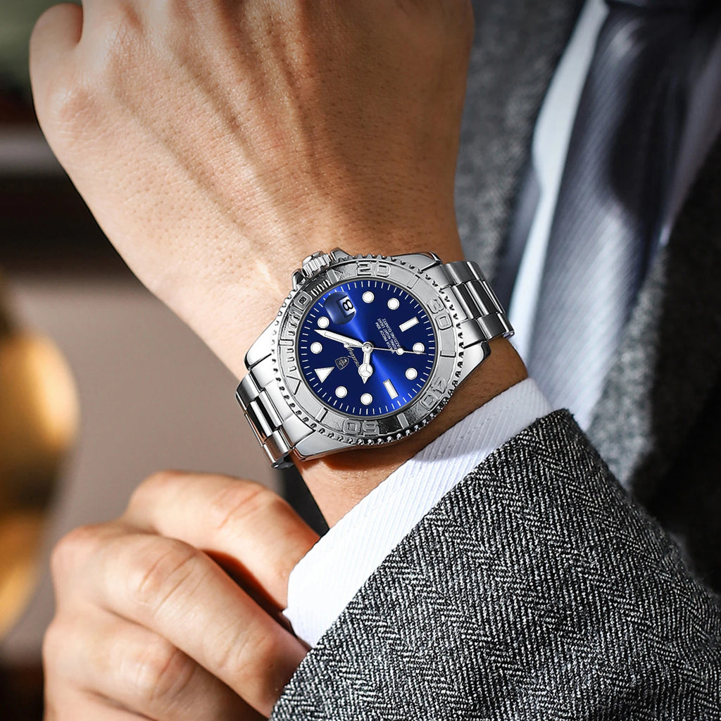 Poedagar 680 Factory Wholesale 43mm Men's Quartz Watch Stainless Steel Blue Dial 30M Waterproof Wrist Watch