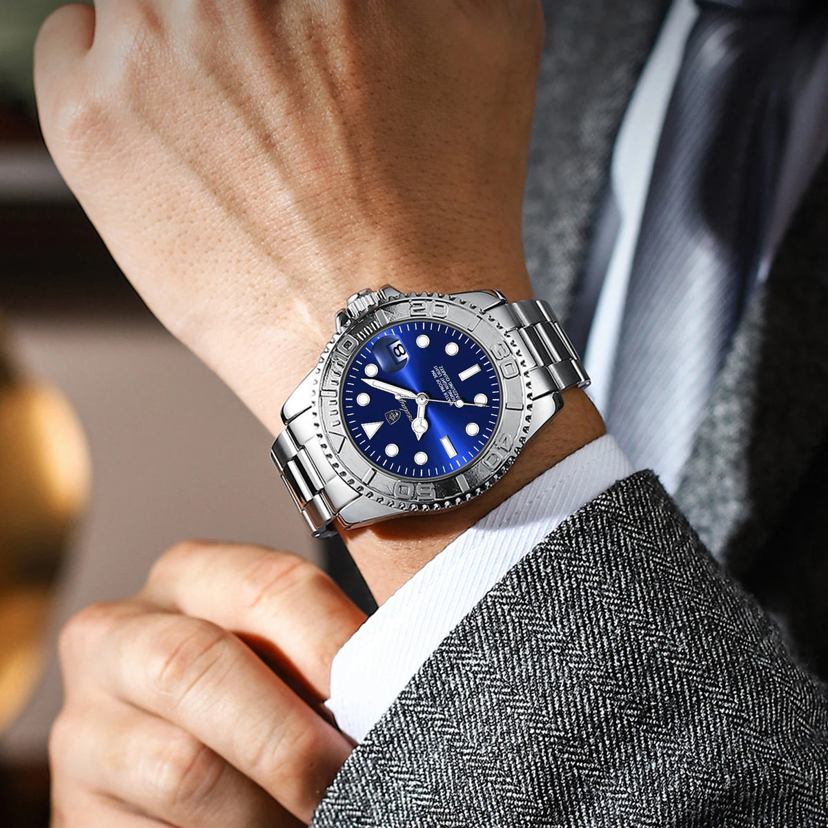 Poedagar 680 Factory Wholesale 43mm Men's Quartz Watch Stainless Steel Blue Dial 30M Waterproof Wrist Watch