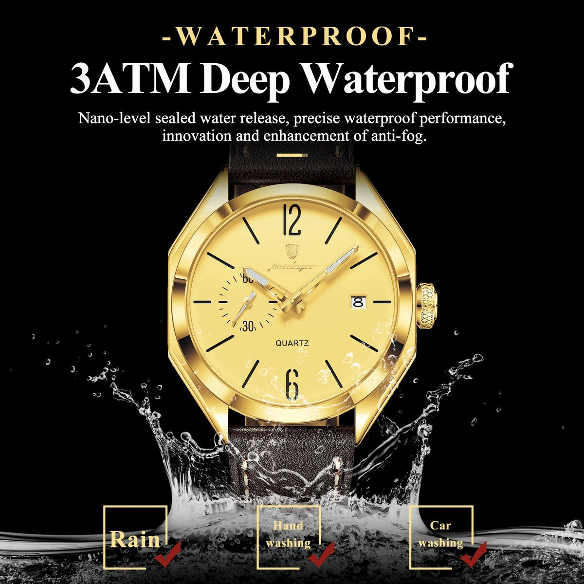 POEDAGAR 689 Quartz Watch Men Hardlex Dial Leather Strap 3ATM Waterproof Luminous Night Light Business Wristwatch