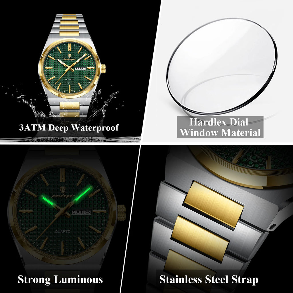 Poedagar Original High Quality Stainless Steel Wristwatch Waterproof Luminous Quartz Watch for Men