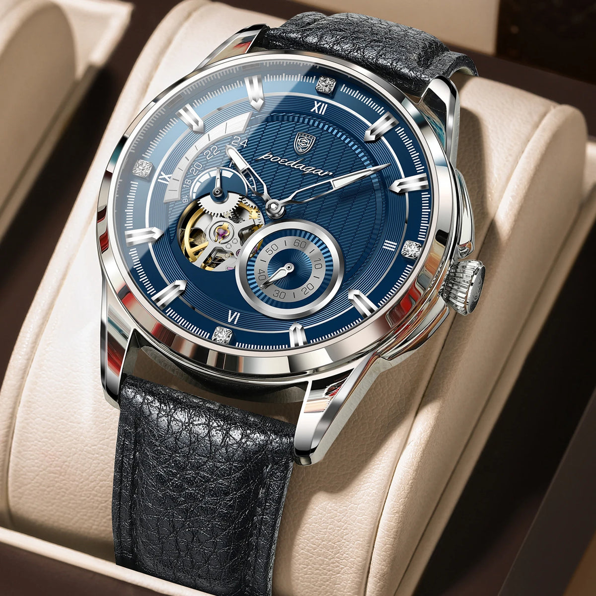 Poedagar 1427 Men Automatic Mechanical Watch Leather Band Luminous 3ATM Daily Waterproof Wristwatch
