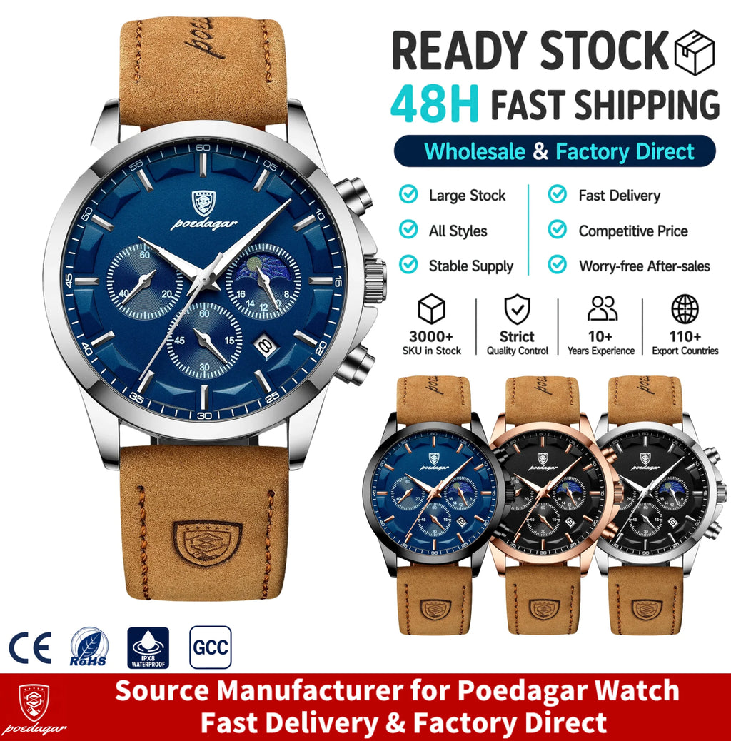 Poedagar 928 Luxury Men Wrist Watch Chronograph Sports Leather Quartz Reloj Hombre Waterproof Luminous Calendar Watches for Men