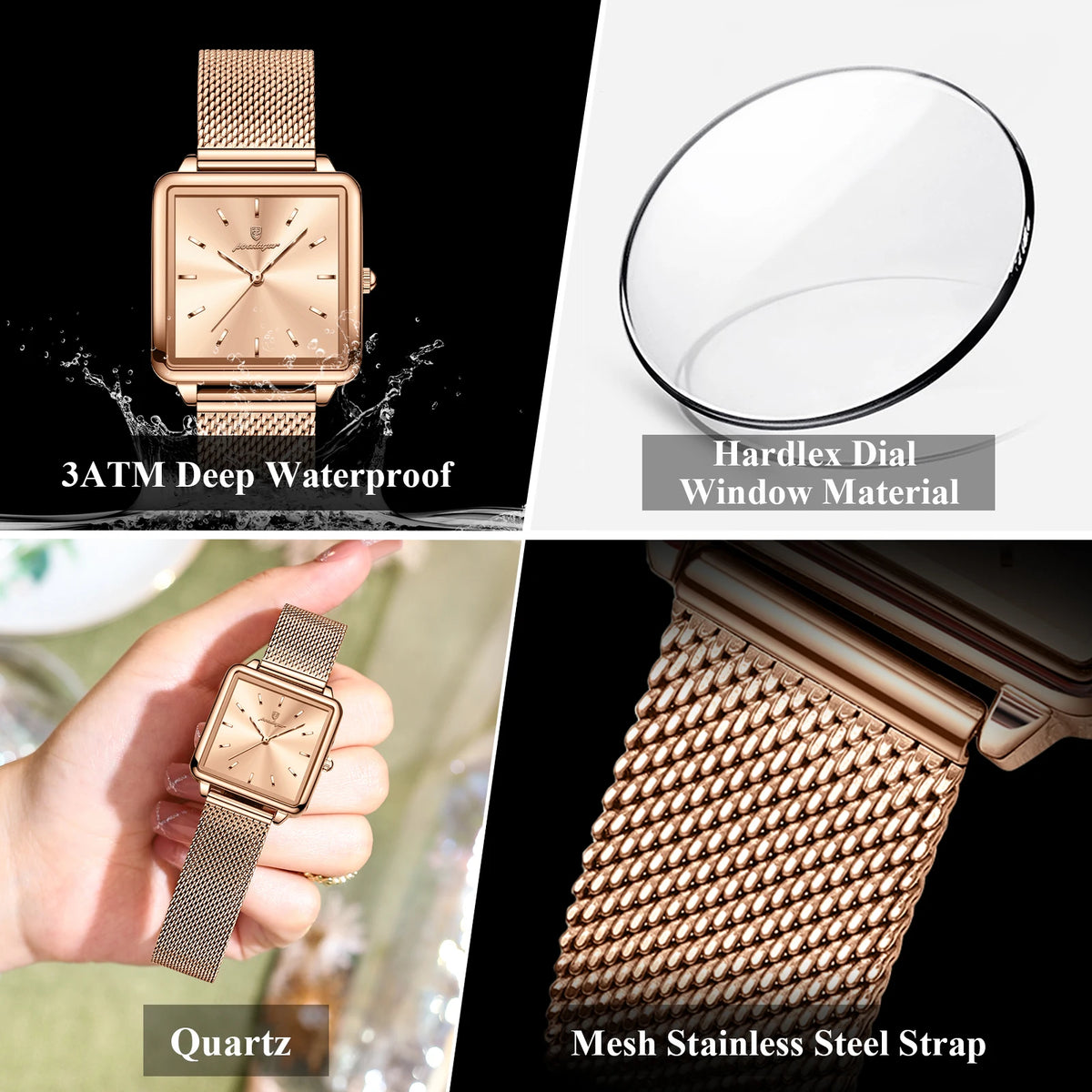Poedagar Factory Wholesale Rose Gold Square Dial Women Quartz Watch Luxury Stainless Steel Mesh Belt Waterproof Ladies Watch