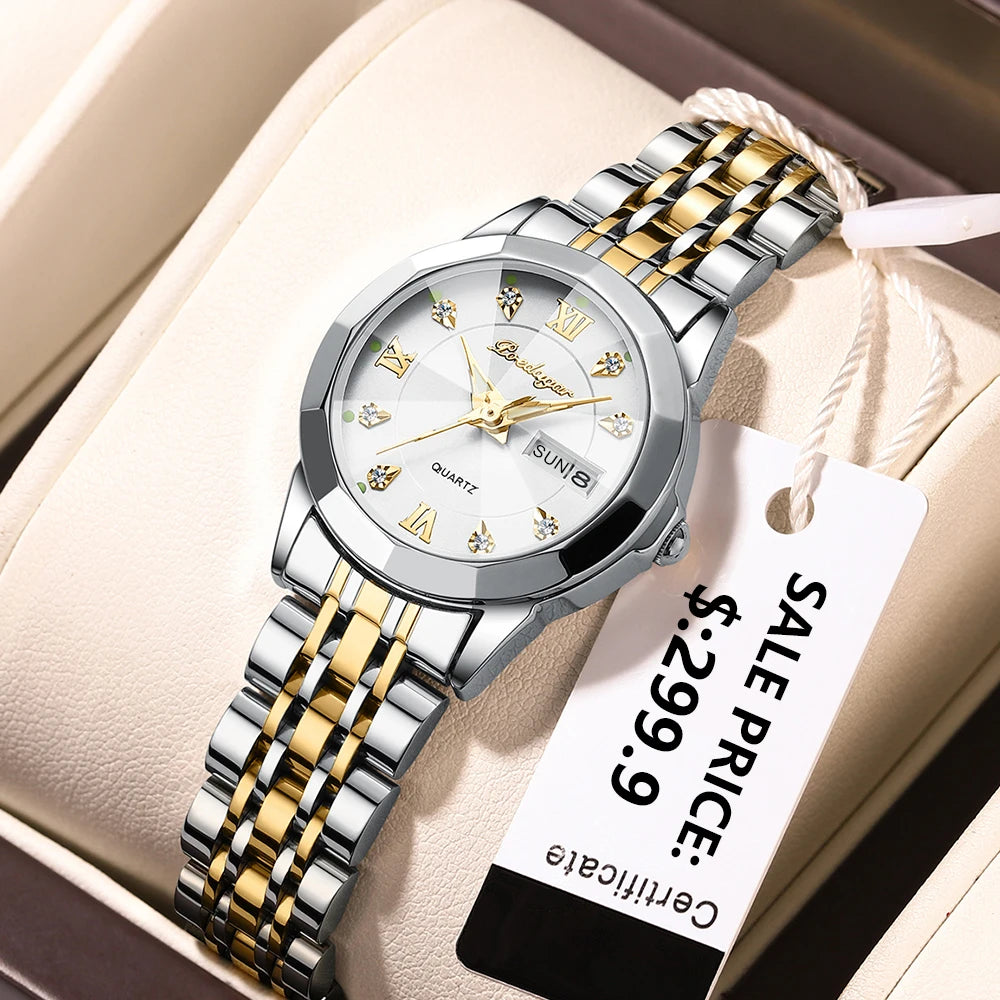 Poedagar Watch Women Diamond Luxury Ladies Watch Stainless Steel Quartz Watches Waterproof Calendar Luminous for Womens Clock