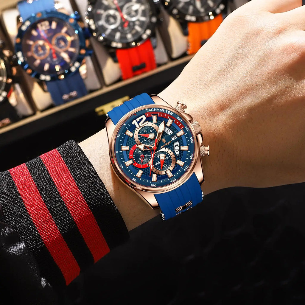 Poedagar New Arrival Men Fashion Quartz Chronograph Wristwatch Sports Silicone Band Luminous Waterproof Watch for Men