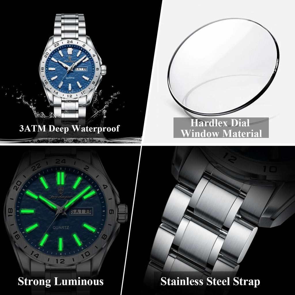 Poedagar 683 Dual Calendar Waterproof Luminous Watch for Men Business Round Dial Stainless Steel Strap Men's Quartz Watch