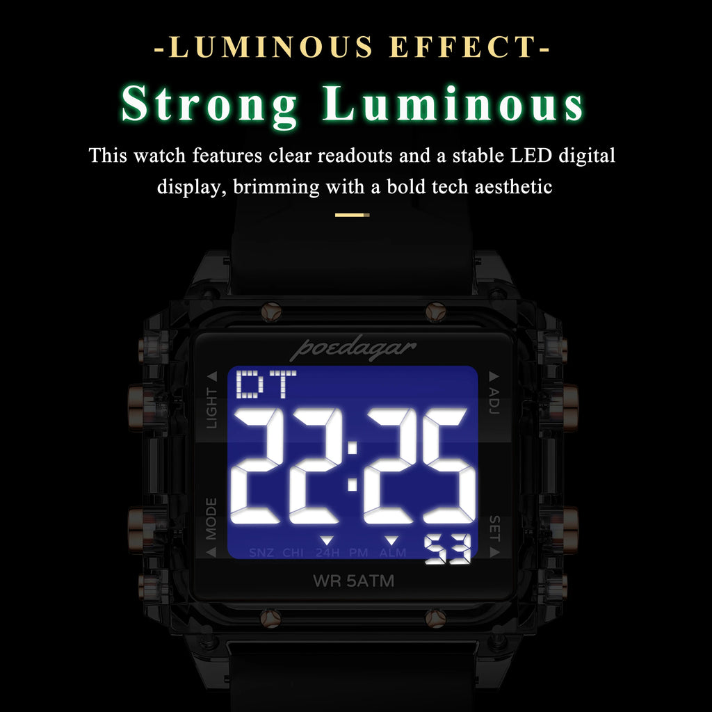 Poedagar E123 Trendy Mens Watch Original Digital LED Display 50M Waterproof Multifunction Electronic Sports WristWatch Reloj