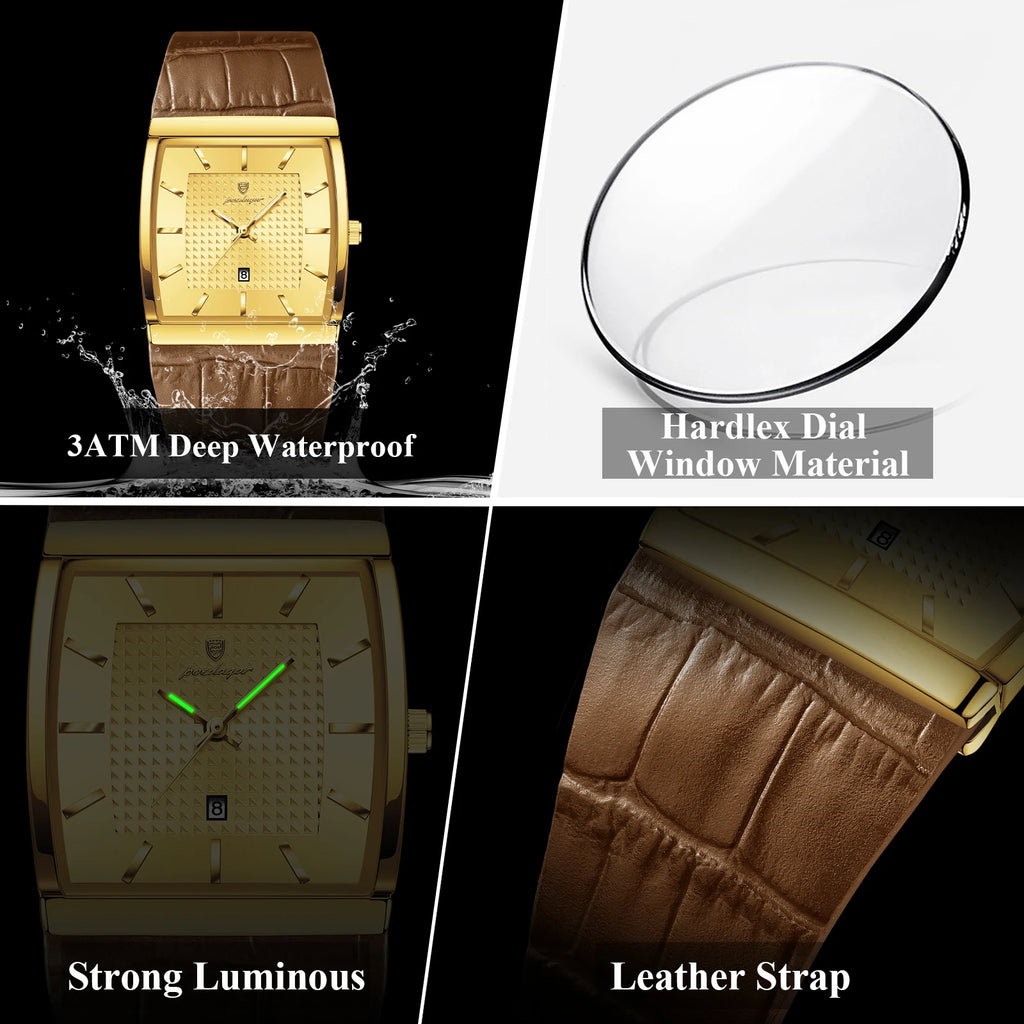 Poedagar 885 Luxury Men Watch Fully Gold Leather Strap Square Quartz Wristwatch Business Waterproof Factory Direct Ready to Ship