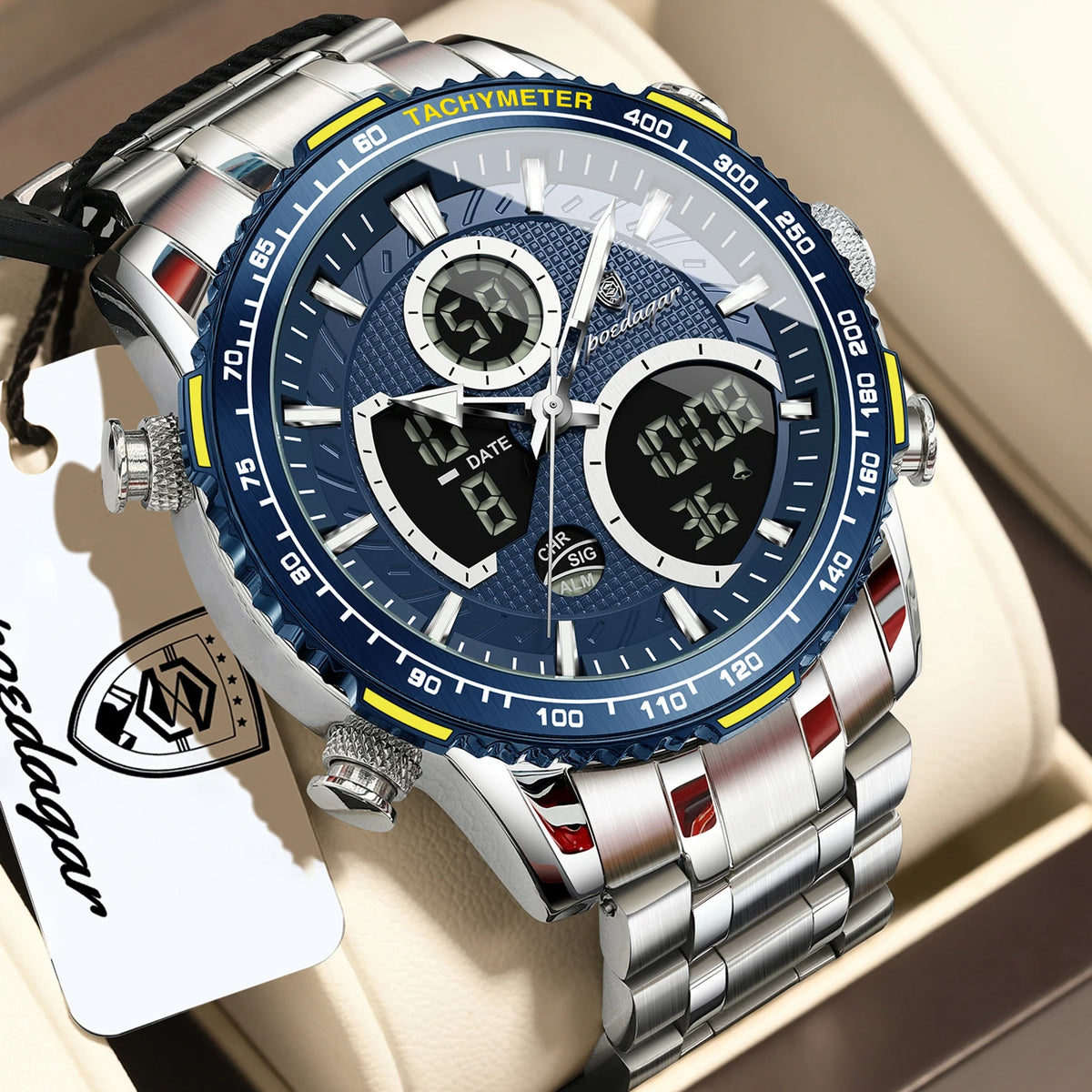 Poedagar E127 Mens Watch Dual Display Analog-Digital Watches Herrenuhr Luminous Waterproof Sport Stainless Steel Watch for Men