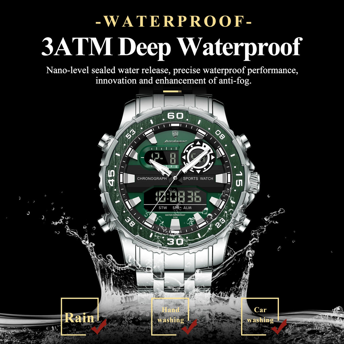 Poedagar E122 Luxury Men Watch Multifunction LED Display Alarm Luminous Waterproof Chronograph Stainless Steel Montre Wristwatch