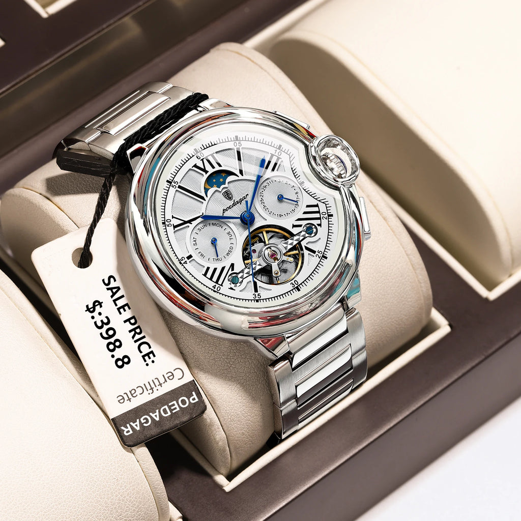 Poedagar Luxury Hollow Tourbillon Automatic Mechanical Watch Waterproof Luminous Stainless Steel Watch for Men
