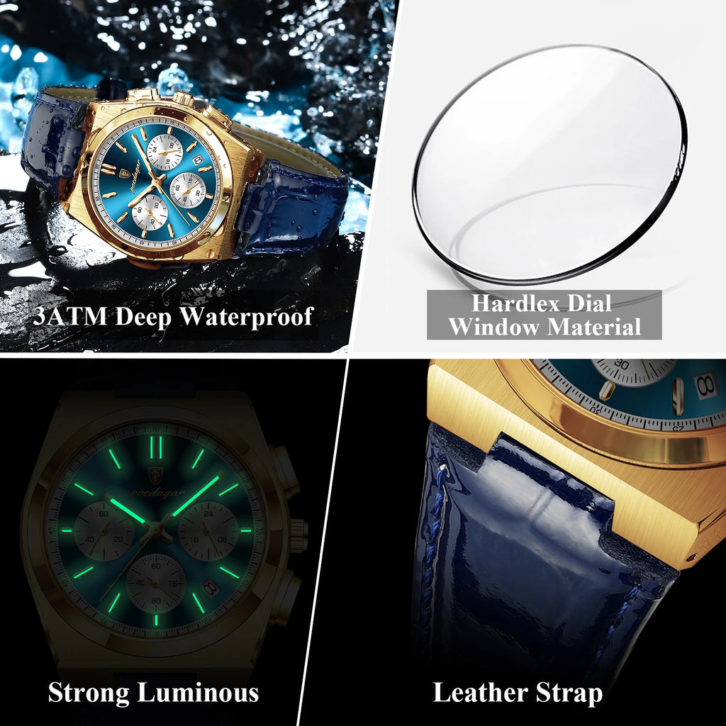 Poedagar 970 Mens Watch Luxury Leather Strap Luminous Waterproof Quartz Watches Casual Reloj Hombre Chronograph Watch for Men