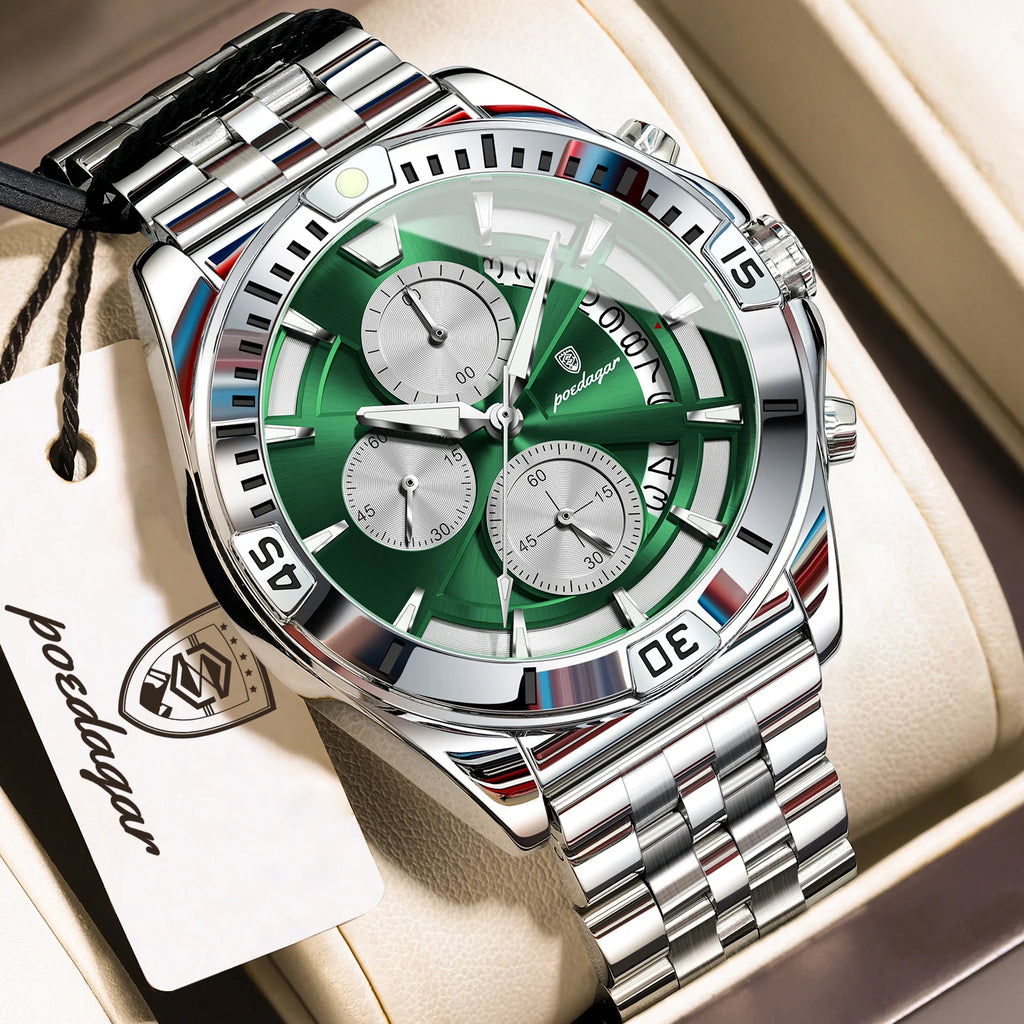 Poedagar 695 Men Quartz Watches Stainless Steel Waterproof Daily Wear Casual Luminous Chronograph Geometric Design Reloj Hombre