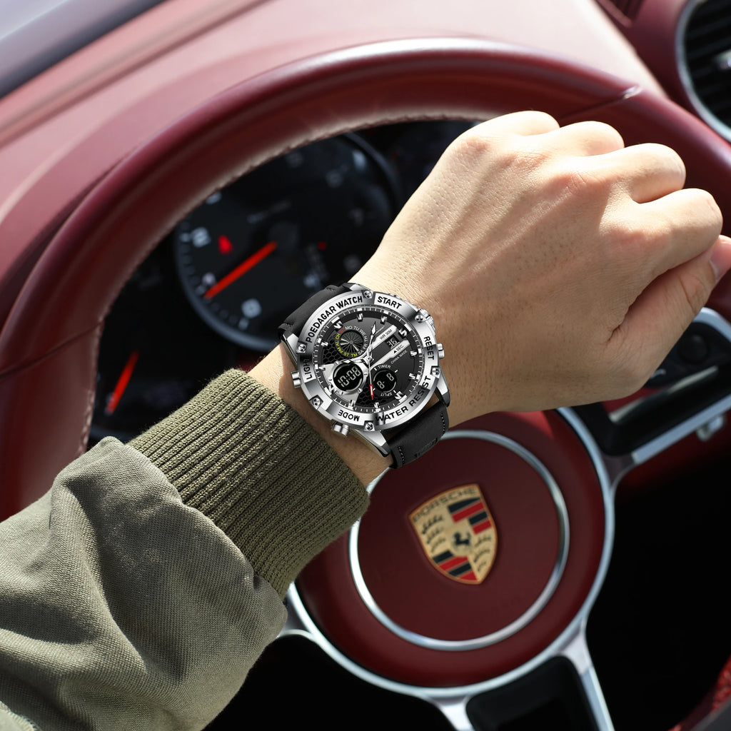Poedagar E125 Men's Watch Dual Display Digital Analog Quartz Watches Luminous Waterproof Leather Strap Sports Wristwatch for Men
