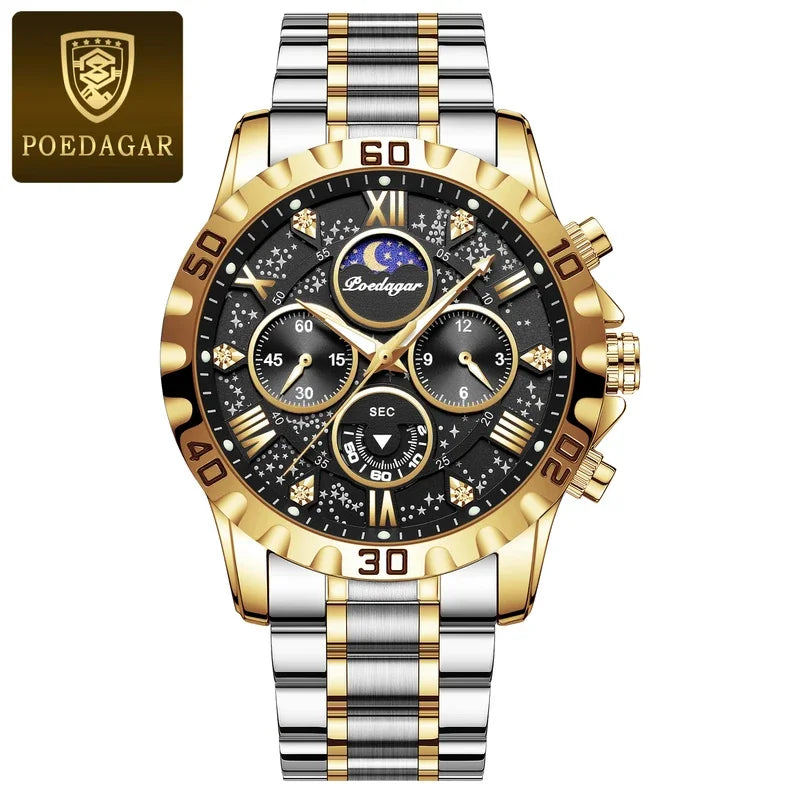 Poedagar Hot Sale Wristwatch Stainless Steel Chronograph Men Quartz Watch Waterproof Luminous Watch for Men