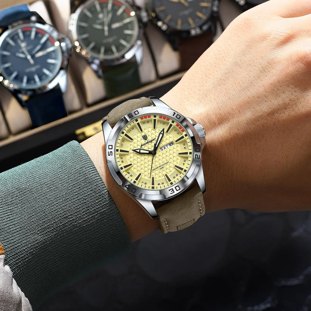 Poedagar 895 Sport Fashion Men Watch Geometric Dial Day Date Luminous Leather Strap Quartz Waterproof Watch for Men Reloj Hombre