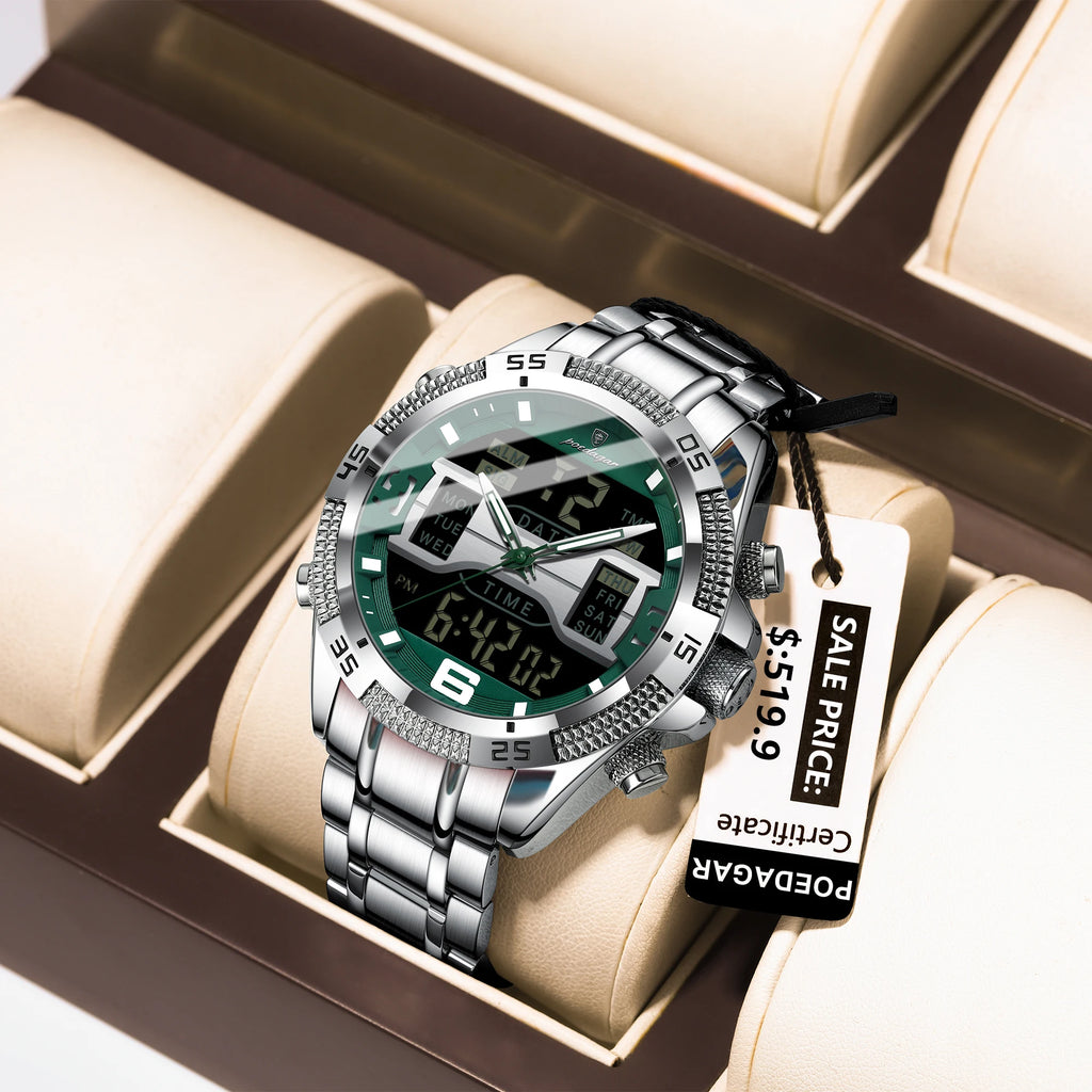 Poedagar New Digital Wrist Watch 3 ATM Water Resistant Multi Function Dual Display Steel Strap Men Montre Homme
