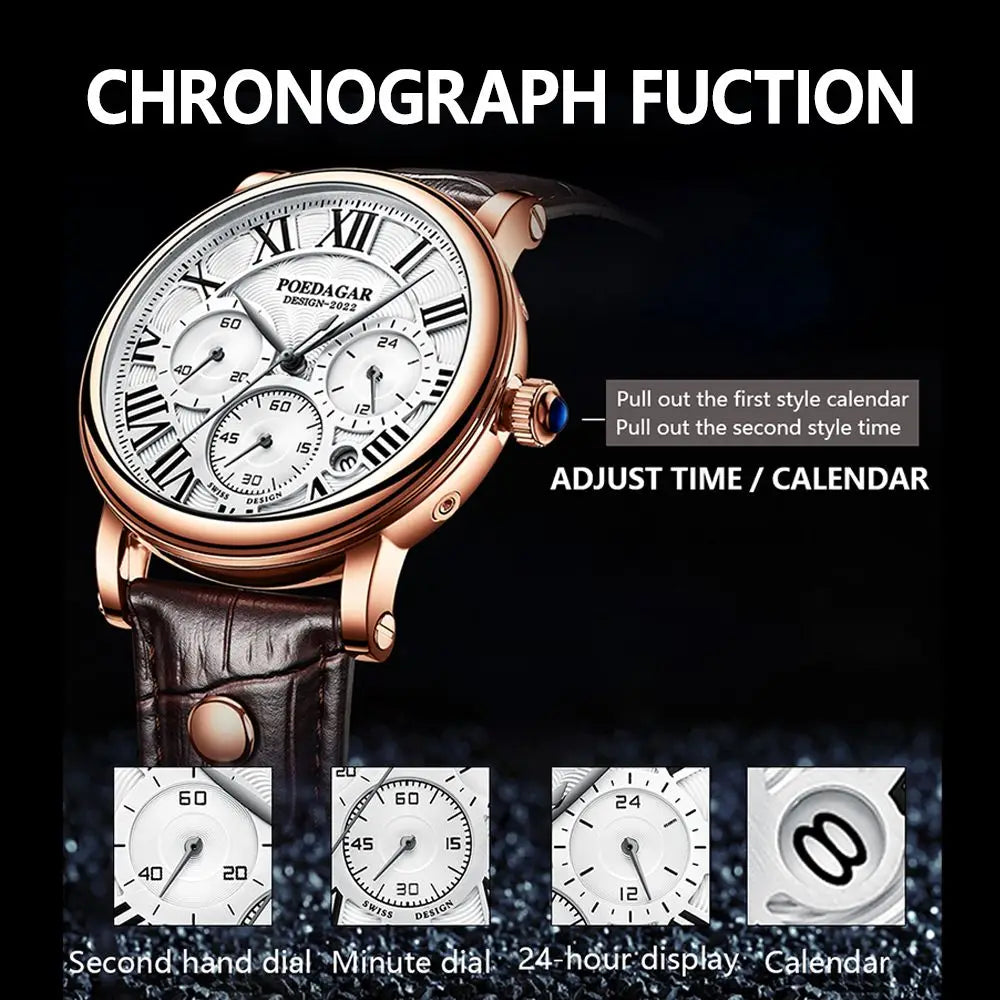 Poedagar Fashion Chronograph Men WatchCasual Leather Quartz Watches Waterproof Watches Men Wrist Calendar Watch for Men