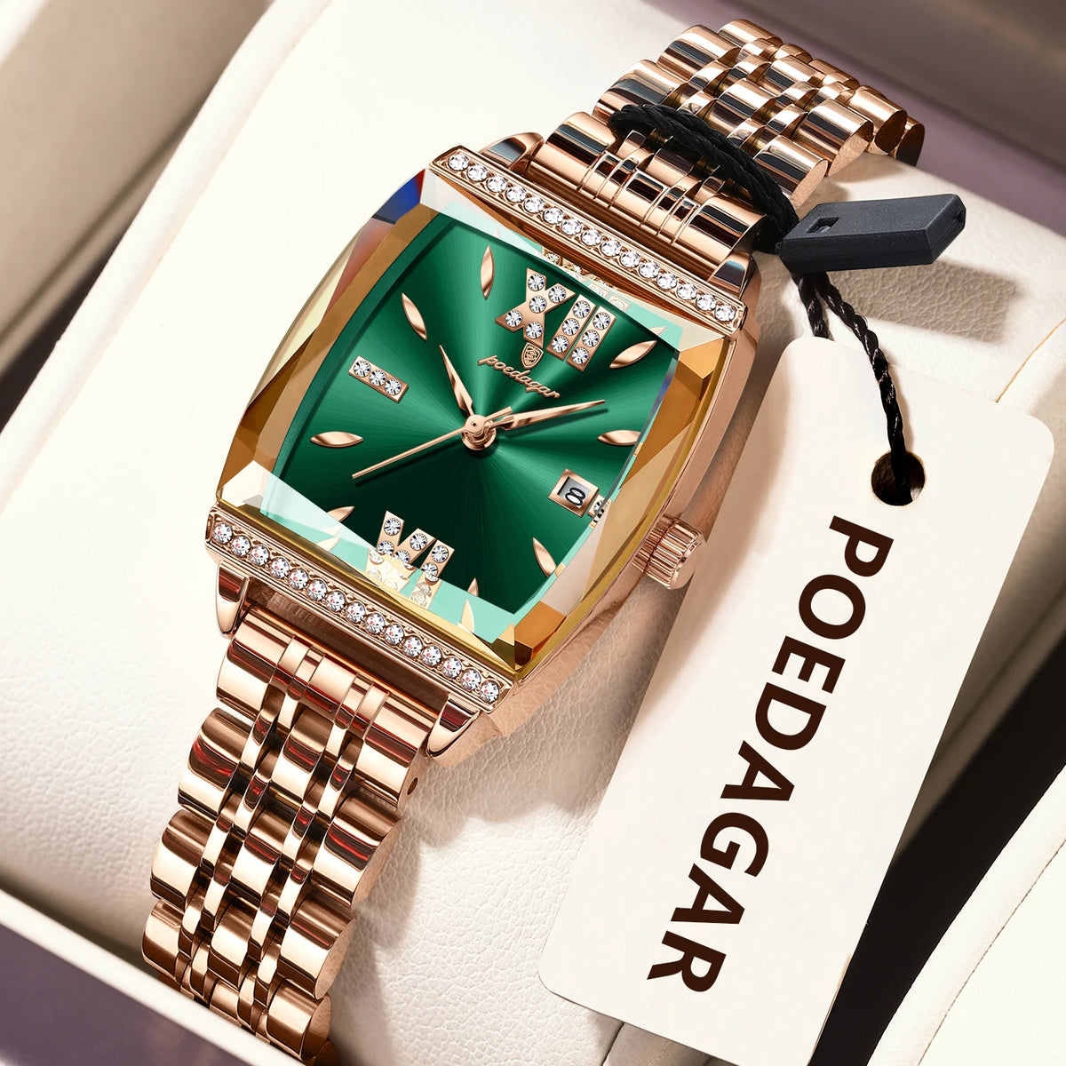 Poedagar 795 Luxury Ladies Watches Diamond Green Dial Stainless Steel Bracelet Montre Waterproof Luminous Quartz Watch for Women