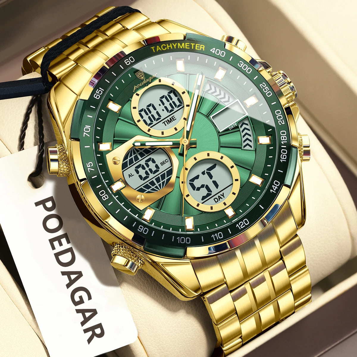 Poedagar E108 Multifunction Chronograph Alarm Stainless Steel Strap Men's Quartz Watch with 30M Waterproof Luminous