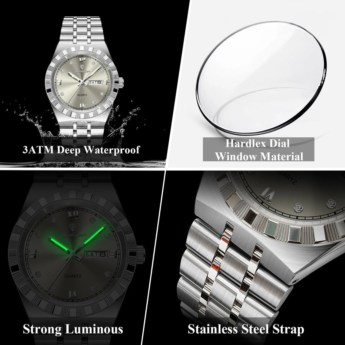 Poedagar 872 Luxury Men's Quartz Watches Business Week Date Waterproof Luminous Reloj Stainless Steel Casual Wristwatch for Men