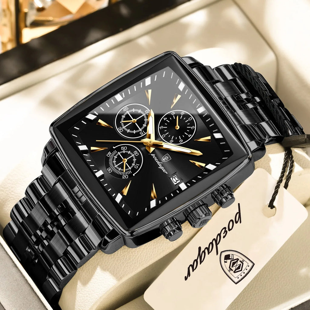 Poedagar 866 Business Sport Men Watch Square Dial 3-Eye Chronograph Stainless Steel Luminous Waterproof Fashion Reloj Wristwatch