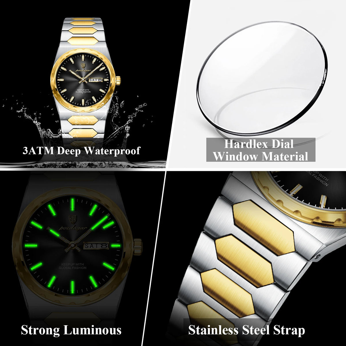 Poedagar 847 Men's Watch Luxury Two Tone Stainless Steel Quartz Watches Date Waterproof Luminous Wristwatch for Men Relojes