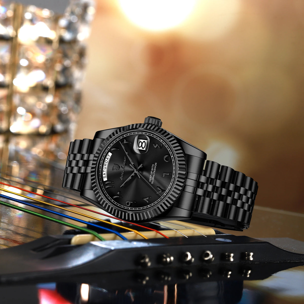 POEDAGAR 845 Montre Homme Luxe Noir Stainless Steel Waterproof Quartz Watch Date Day Business Wristwatch