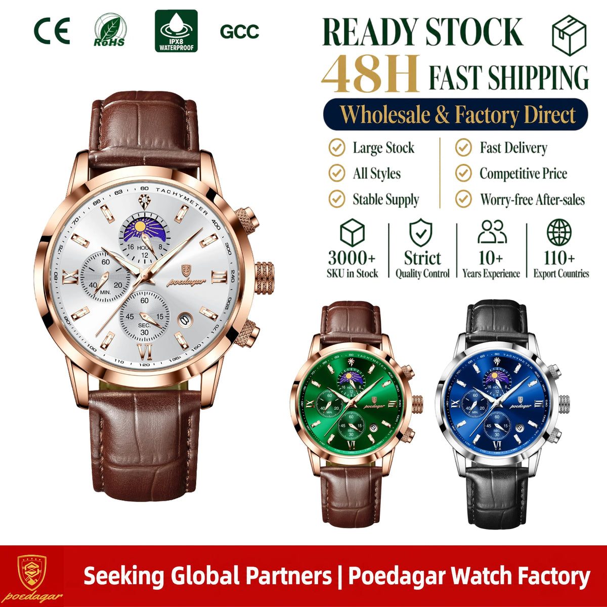 Poedagar 882 Men Chronograph Watch Business Luxury Montre Leather Strap Waterproof Luminous Date Reloj Quartz Wristwatch for Men