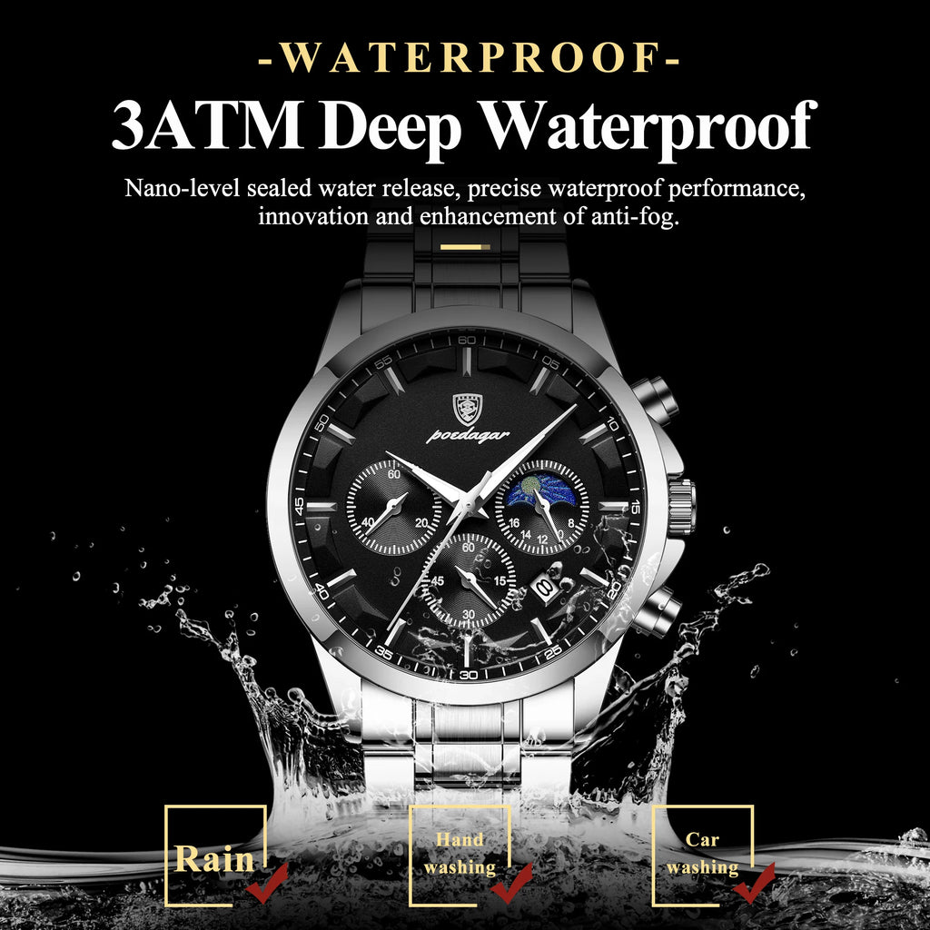 Poedagar 928 Luxury Men's Watch Casual Chronograph Watch for Men Stainless Steel Herrenuhr Waterproof Sport Quartz Watch
