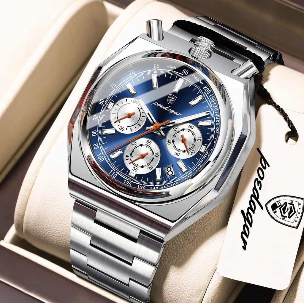 Poedagar 897 Mens Quartz Watches Luxury Business Watch Reloj Waterproof Luminous Chronograph Stainless Steel Wristwatch for Men