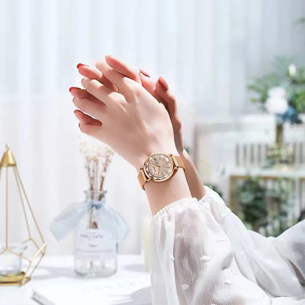Poedagar Diamond Ladies Watches Stainless Steel Mesh Luxury Watch Bands Waterproof Calendar Quartz Watches for Women