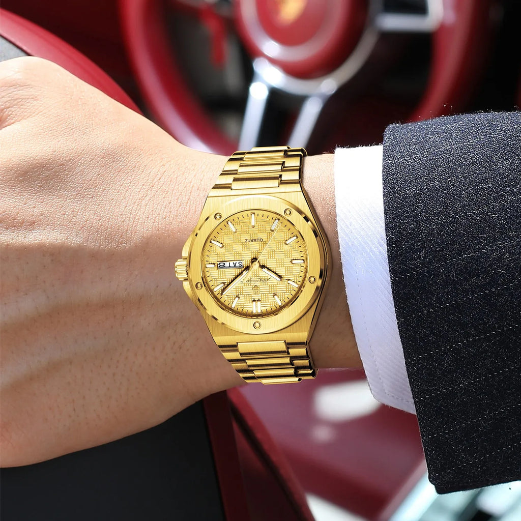 Poedagar 696 Luxury Mens Watch All Gold Stainless Steel Quartz Watches Luminous Waterproof Date Wristwatch for Man Factory Reloj