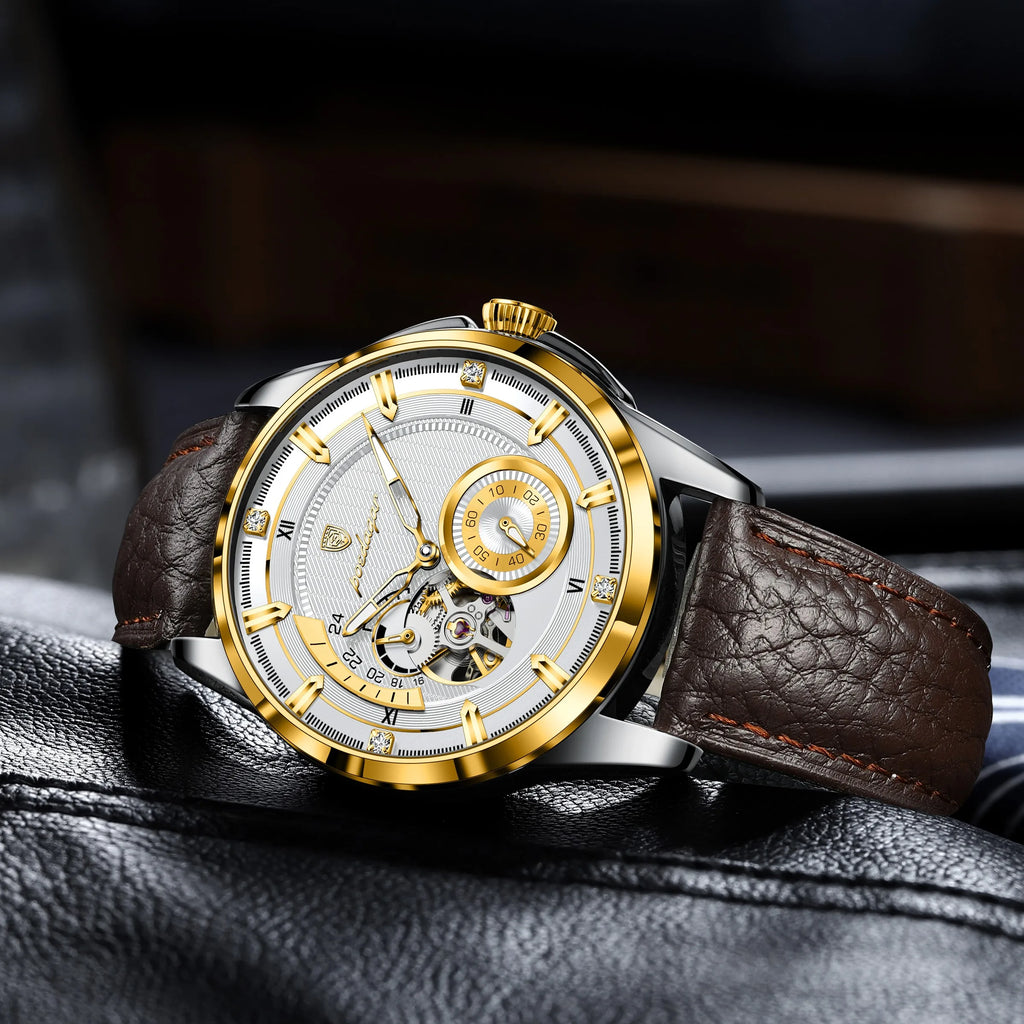 Poedagar 1427 Men's Mechanical Watch Luxury Leather Strap Luminous Reloj Hombre 3ATM Waterproof Automatic Wristwatch for Men