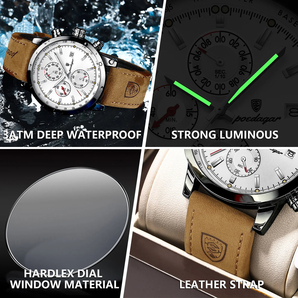 Poedagar 932 Men's Watch Luxury Leather Strap Chronograph Waterproof Quartz Watches Luminous Wristwatch for Men Reloj Wholesale