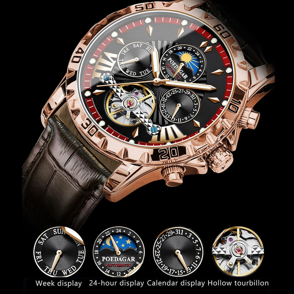 Poedagar Hollow Tourbillon Automatic Men's Watch Luxury LeatherWaterproof Luminous Mechanical Watch