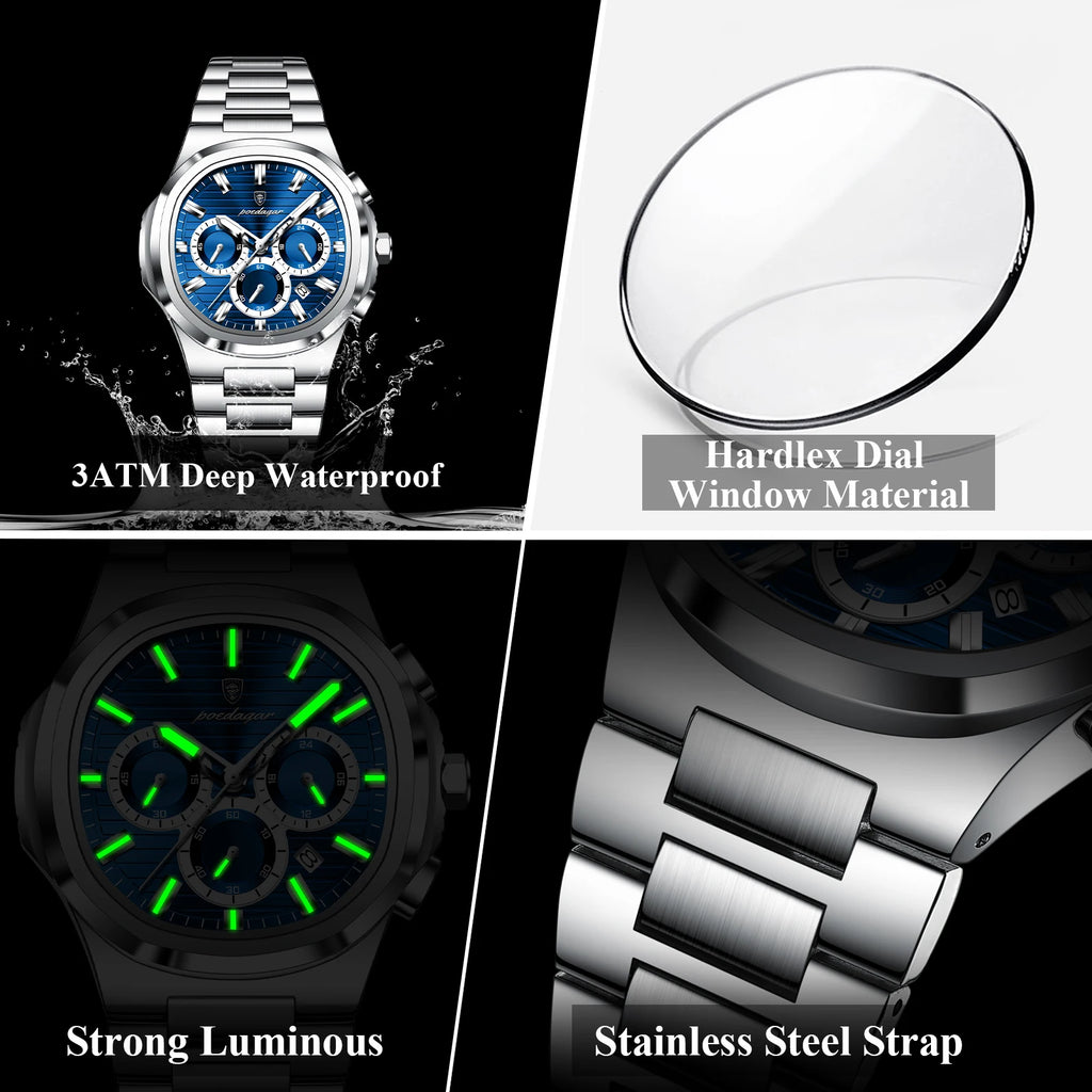 Poedagar Original Business Stainless Steel Montre Homme Waterproof Luminous Chronograph Men's Quartz Watch