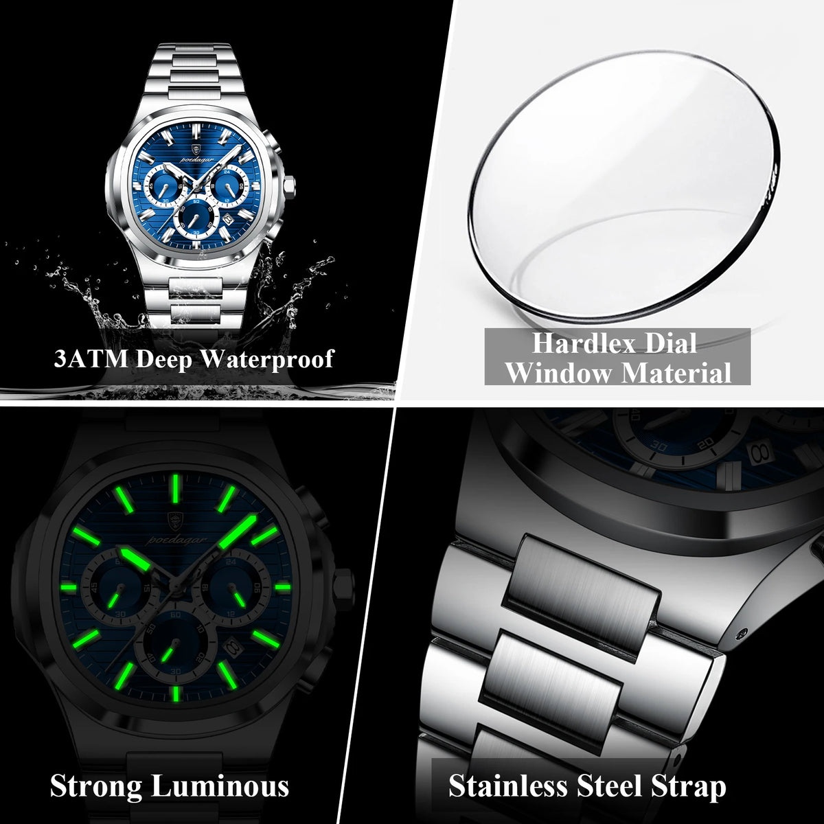 Poedagar Original Business Stainless Steel Montre Homme Waterproof Luminous Chronograph Men's Quartz Watch